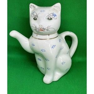 Vtg Kitty Lucky Cat Porcelain Blue White Floral Hand Painted Creamer Tea Pot